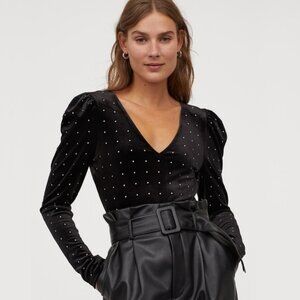 2/$30 H&M Velour Long Sleeve Studded Bodysuit Black Small #A0444 TRB3